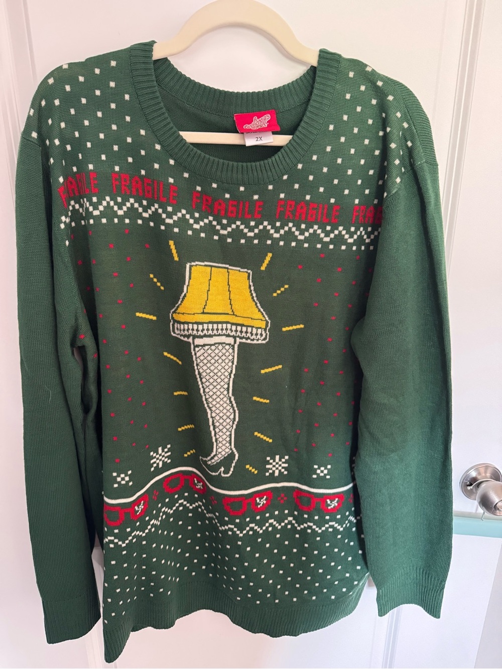 Dark Green Novelty Crewneck Sweater with Yellow Lamp Leg Graphic